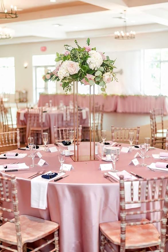 12 Pack 108 Inch Round Tablecloth, Rose Gold Satin Fabric Table Cloth for Round Tables, Wrinkle Resistant Washable TableCover Bright Silk Table Clothes for Wedding Party Dining Tables Banquet
