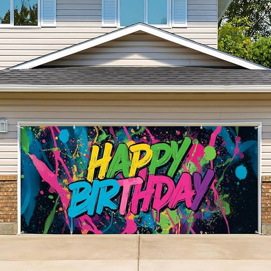 Neon Paint Splatter Birthday Backdrop 7x16ft Waterproof -Graffiti Garage Door Banner for Teen Party,Youth Photo Booth Background Wall Decor