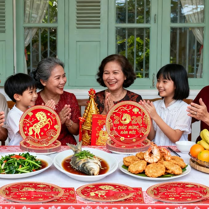 96Pcs Vietnamese New Year Party Decorations Vietnamese Horse Themed New Year Plates and Napkins 2026 Red Gold Horse Tableware Dinnerware Party Supplies for Spring Festival Lunar Decor Serves 24 Guests
