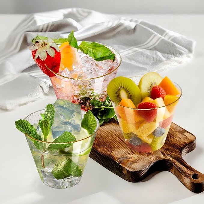 Byvivace [200 Pack] 9oz Plastic Cups with Gold Glitter Sturdy & Food Safe Plastic Wine Glasses Disposable Cups Party Wedding Cups Cocktail Glasses for Wine, Juice & Cold Beverages