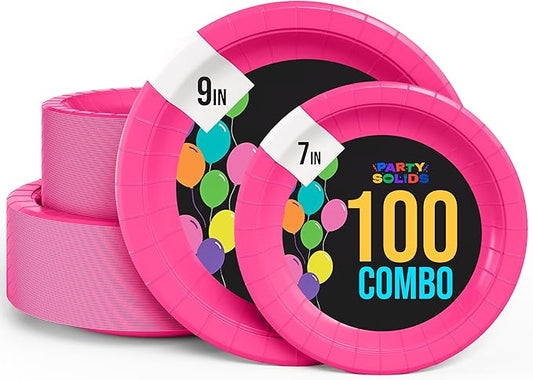 Exquisite Hot Pink Paper Plates Disposable Heavy Duty 100 Pcs - 50-7" & 50-9" Hot Pink Disposable Plates For Party Heavy Duty Paper Plate 350 GSM Birthday Party Supplies Plate Set