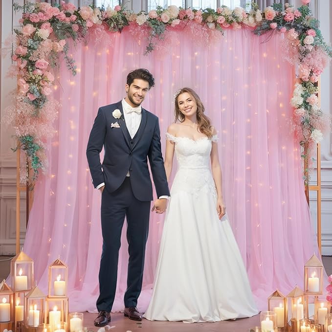 10x8ft Baby Pink Tulle Backdrop Curtain with Lights String for Parites, Sheer Photo Backdrop Curtains with Lights for Wedding Backdrop Ceremony Reception Bridal Shower Baby Shower Birthday Party