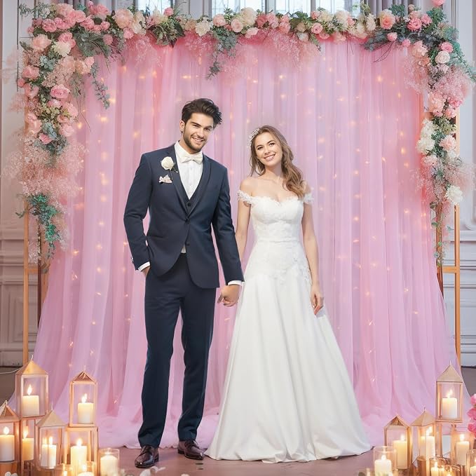 10x10ft Baby Pink Tulle Backdrop Curtain with Lights String for Parites, Sheer Photo Backdrop Curtains with Lights for Wedding Backdrop Ceremony Reception Bridal Shower Baby Shower Birthday Party