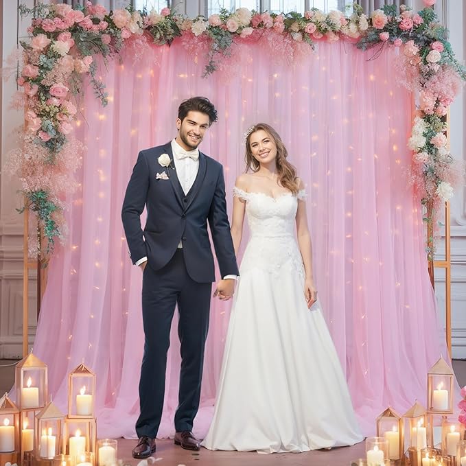 20x10ft Baby Pink Tulle Backdrop Curtain with Lights String for Parites, Sheer Backdrop Curtains for Wedding Baby Shower Birthday Party Photo Shoot Decorations