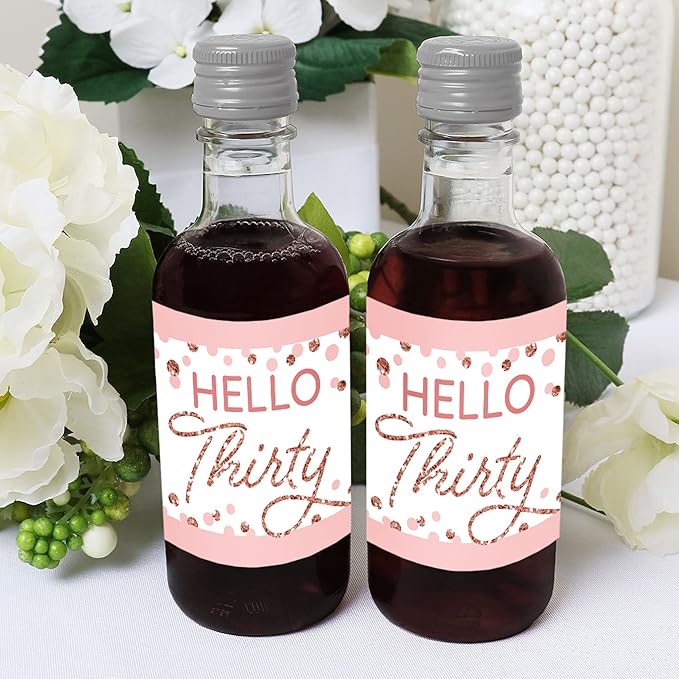 Big Dot of Happiness 30th Pink Rose Gold Birthday - Mini Wine and Champagne Bottle Label Stickers - Happy Birthday Party Favor Gift for Women and Men - Set of 16