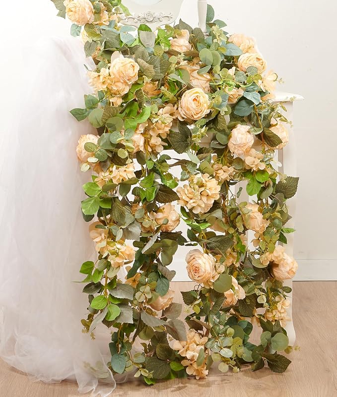PONKING Flower Garland Artificial Rose & Hydrangea Vine Hanging Fake Flowers Vines for Wedding Birthday Party Valentines Christmas Room Wall Arch Decor, 1 Rose & 1 Hydrangea Champagne Floral Garland