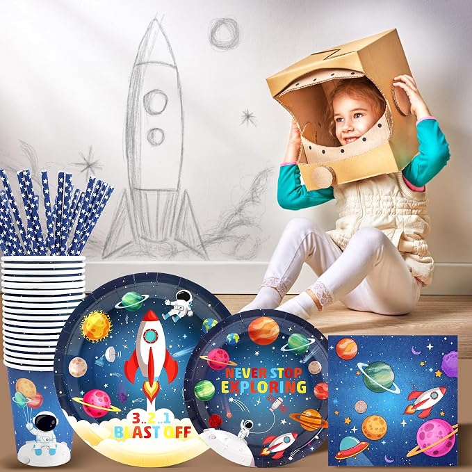 Recheel Space Birthday Party Supplies Decorations, Outer Space Theme Paper Plates and Napkins Set for 24 Guests, 120 Pcs Disposable Galaxy Party Dessert Dinnerware