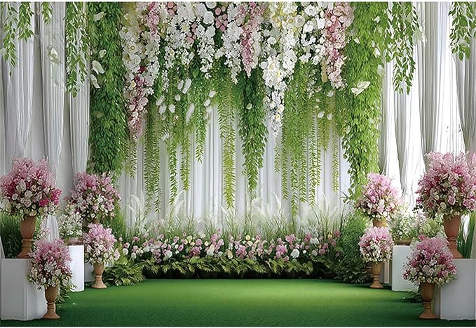 Baocicco Flowers Wedding Backdrops 8x6.5ft Green White Pink Floral Engagement Background Bridal Shower Backdrop Proposal Wedding Party Decoration Backdrop Valentines Day Banner Supplies