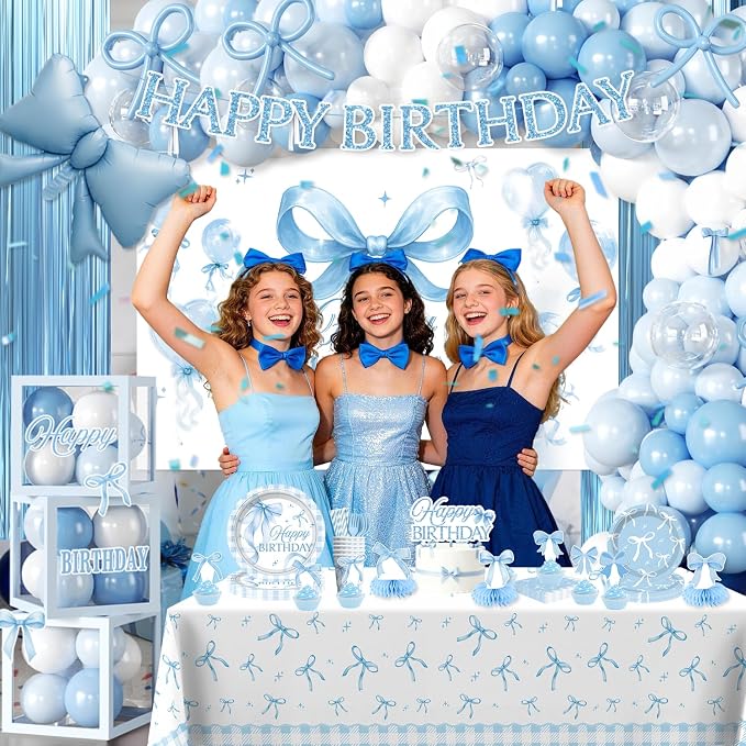 cocomigo 288 PCS Blue Bow Birthday Decorations, Hassle-Free One-Stop Set for 25 Guests, With Balloon, Backdrop, Fringe Curtains, Plates and Napkins, Easy Setup for Bow Themed Party