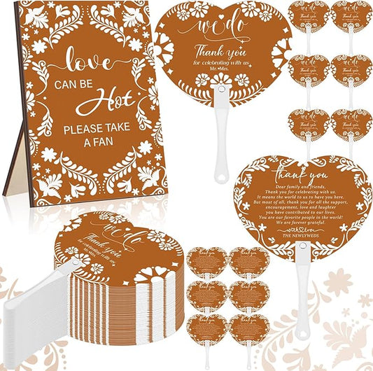 Roowest 101 Pcs Wedding Fans for Guests 100 Pcs Cielito Lindo Hand Fans 1 Table Sign Mexican De Barro Papel Picado Thank You for Celebrating with Us with Wooden Handle for Bridal Shower Fiesta Gift