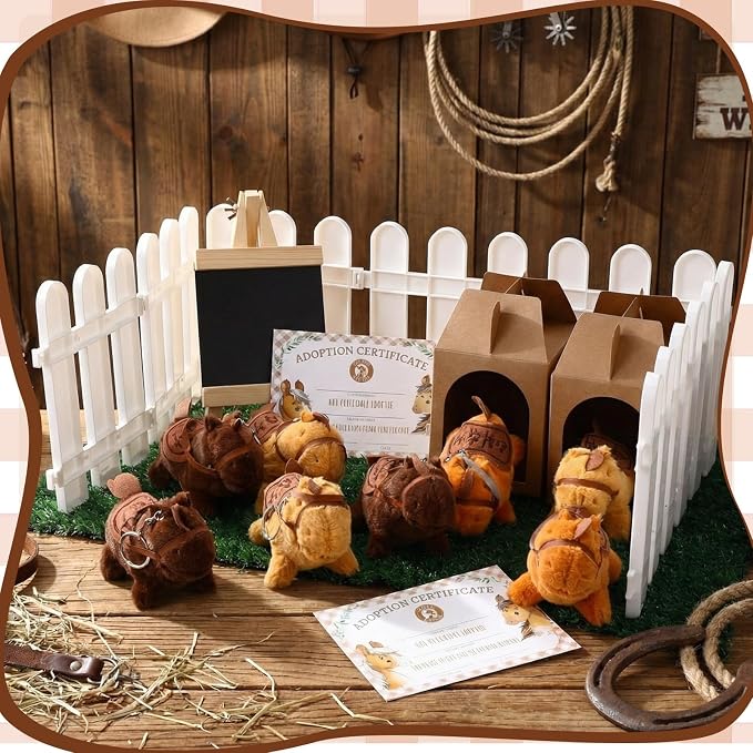 Blueweenly 84 Pcs Adopt a Pet Party Supplies 24 Mini Animals 10 White Plastic Fence 24 Paper Gift Boxes 24 Adoption Cards with Mini Chalkboard and Artificial Lawn(Brown Pony)