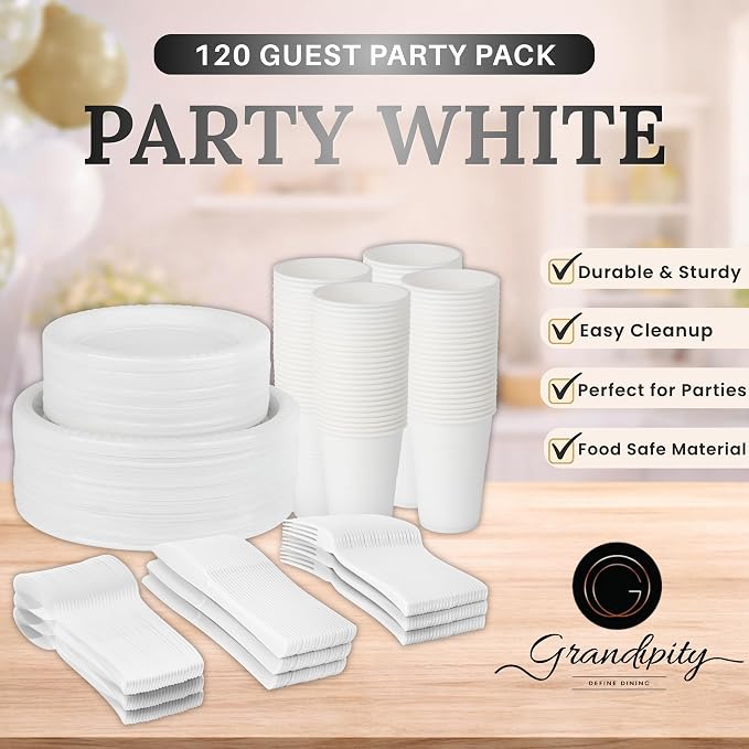 Grandipity 720 Piece White Disposable Dinnerware Set, Plastic Dinnerware Set Includes 120 Count 9' Dinner Plates, 7' Dessert Plates, 12oz Cups, Forks, Knives & Spoons