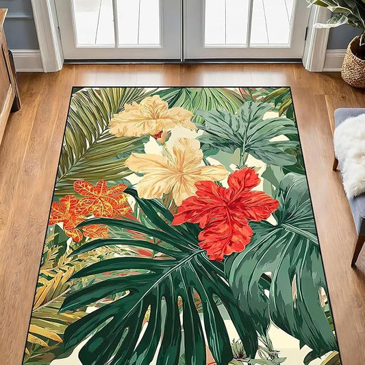 Tropical Floral Area Rug 3' x 5' Hawaiian Plant Carpet for Kids Bedroom Living Room Nursery Jungle Palm Leaf Hibiscus Floor Mat Non-Slip Doormat Carpet Home Decor