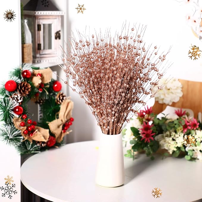 Geosar 30 Pcs Artificial Glitter Berry Stem Decorations 17 Inch Faux Stick Floral Pick Centerpiece Bouquet Flower Bead Twigs for Centerpiece Tree Wreath Ornaments Home(Rose Gold)