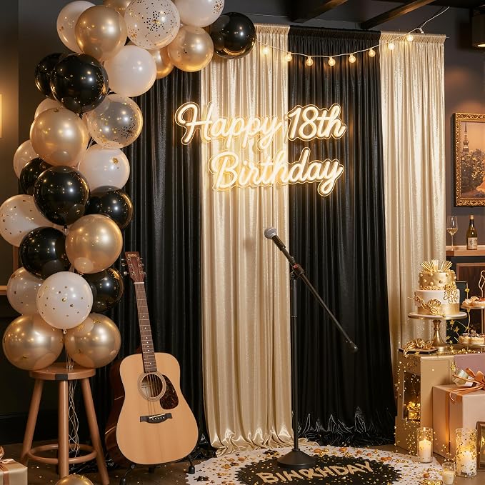 20ft x 10ft Champagne Black Sequin Backdrop Curtain for Parties, Wrinkle Free Glitter Photo Backdrop Drapes 4 Panels 5x10ft Back Drop Cloth for Wedding Photography Background