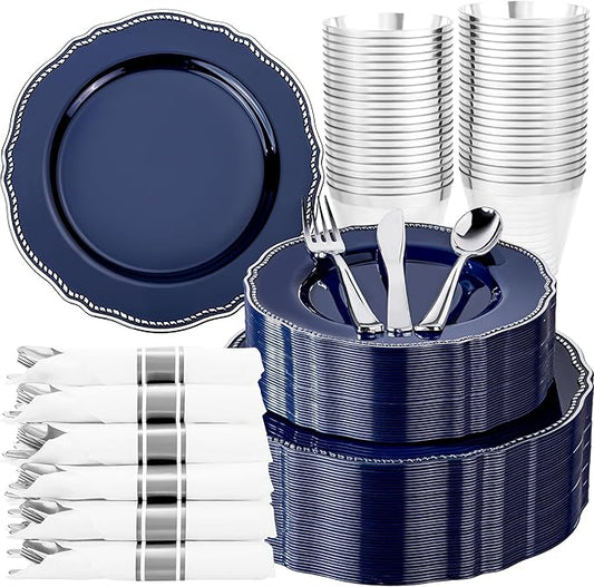Hioasis 350pcs Blue Silver Plastic Plates - Silver Plastic Dinnerware Set Includes 50 Dinner Plates, 50 Dessert Dinnerware, 50 Cups, 50 Napkins Perfect for Wedding & Party