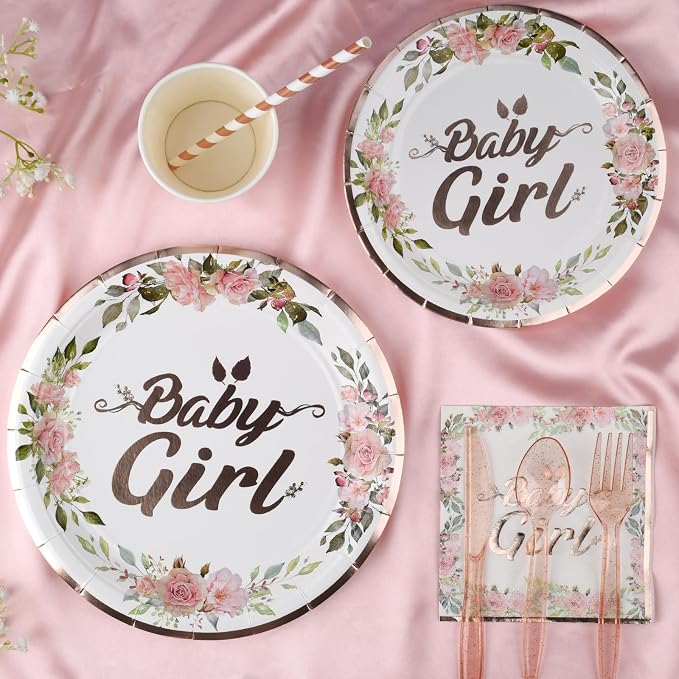 320 Pcs Rose Gold Baby Shower Decorations Set for 40 Guests, Baby Girl Shower Party Supplies Tableware Includes Plates and Cups and Napkins Straws Sets (40)
