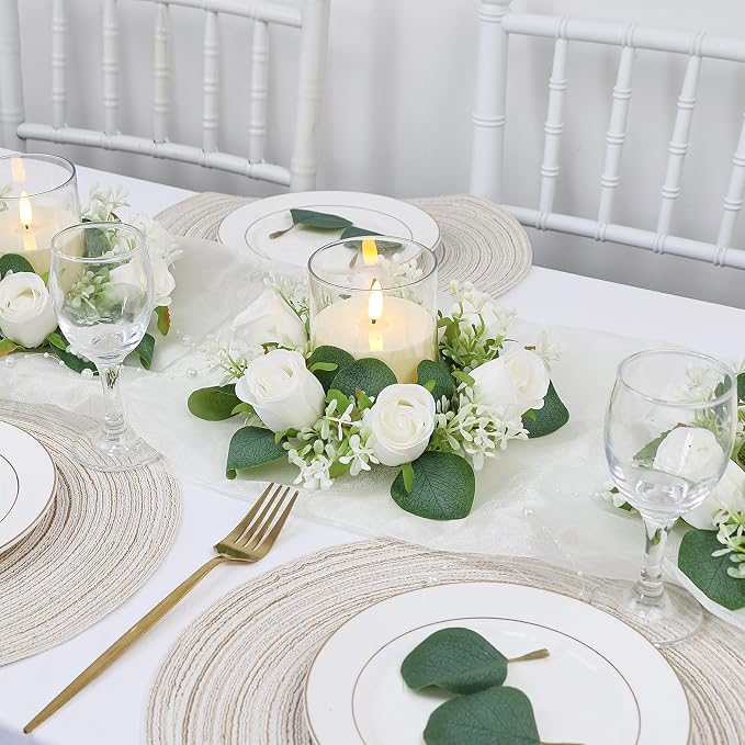 White Rose Candle Rings with Flameless Candles Sets - 12PCS Artificial Flower Eucalyptus Wedding Centerpiece 3 Inch Pillar Candleholders Wreaths for Wedding Party Decor (White - 6 Sets)