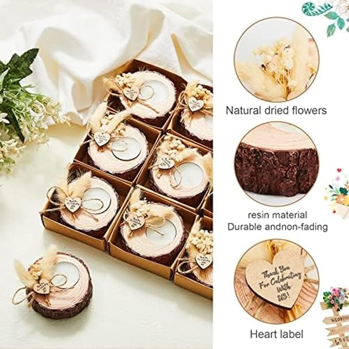 12 Pcs Wedding Candle Favors for Guests - Bridal Shower Wood Memorial Tealight Candle Holder Rustic Souvenirs Wedding Guest Gifts Party Decorations