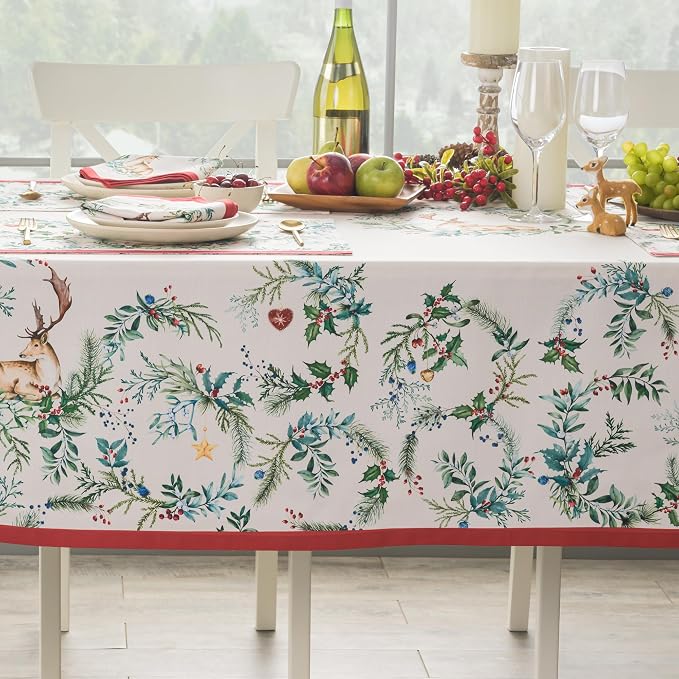 Maison d' Hermine Table Cloth Rectangle Table 100% Cotton 70 x 140 Inches Fall Tablecloth Reusable Everyday Use for Thanksgiving Christmas Decorations Dining Farmhouse Party (Holly Time)