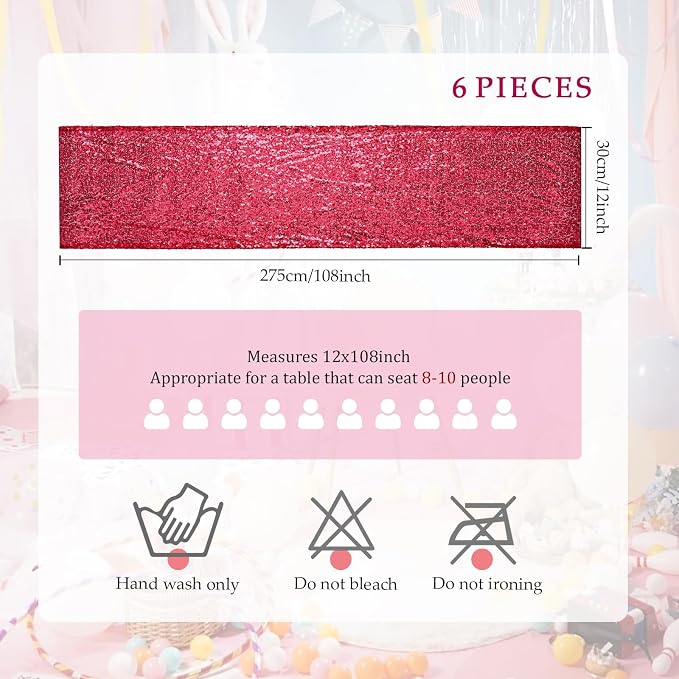 54 Pieces of Red Sequin Chair Ribbons and Table Runners, 48 Sequin Chair Bows, 6 Glitter Table Runners, Suitable for Wedding Parties Birthday Meeting Events Decorations (Rose Red)