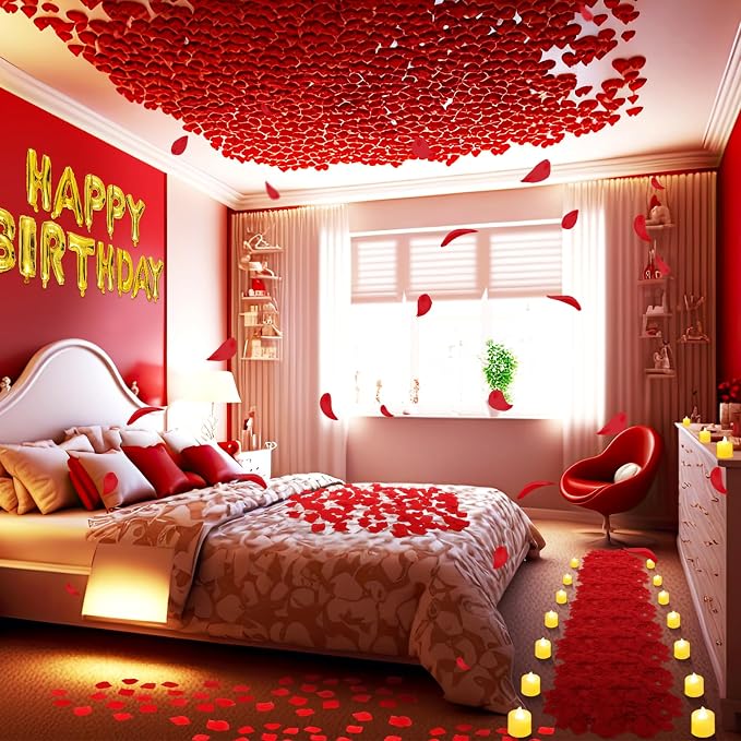 Red and Gold Happy Birthday Balloons Decorations Happy Birthday Letter Balloons Banner with 24pcs Flameless LED Candles and 2000pcs Artificial Rose Petals for Women Men Room Party Decorr