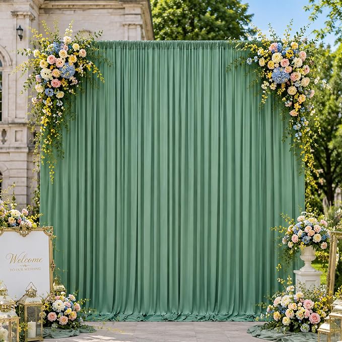50ftx10ft Wrinkle Free Sage Green Backdrop Curtains for Parties, 10 Panels 5x10ft Silky Polyester Photo Backdrop Drapes Back Drop Cloth Drapery for Wedding Birthday Photography Background