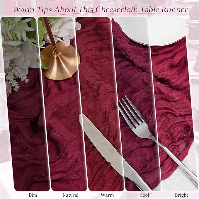 10 Pack Burgundy Cheesecloth Table Runner 17x108 Inch Semi Sheer Boho Rustic Gauze Cheese Cloth Table Runners for Wedding Party Birthday Baby Shower Home Décor