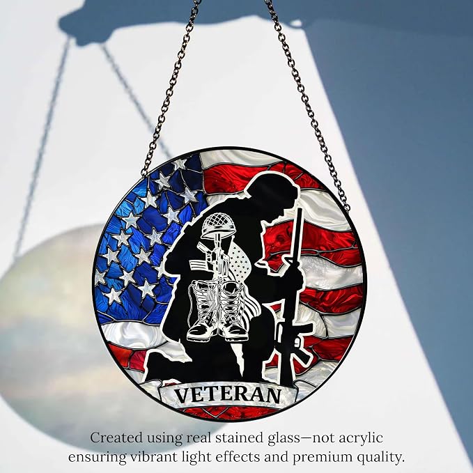 Army Veteran Stained Glass Suncatcher 6x6'', Veteran Day Gift, Army Retirement Gifts for Men, Military Retirement Gifts for Men, Keepsake Decor