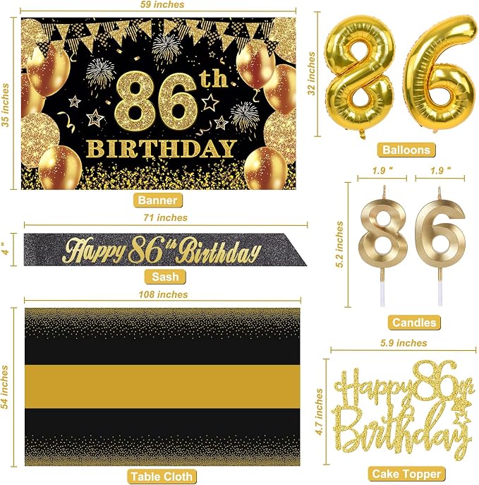 86th Birthday Decorations Men Women with 86th Birthday Banner, Black and Gold Table Cloth, Number Balloons, Sash, Cake Topper and Candles