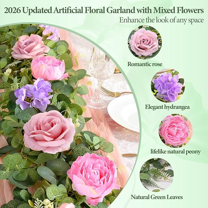 Livole 2Pcs 12 Ft Artificial Flower Garland Fake Pink Rose Peony Floral Garland with Eucalyptus Flower Hanging Vine for Wedding Arch Table Centerpieces Backdrop Party Home Decorations