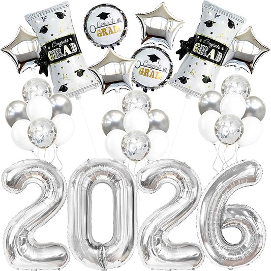 KatchOn, Silver 2026 Balloons Graduation - Pack of 35 | 40 Inch 2026 Balloons,Confetti Balloons | Graduation Balloons for Graduation Decorations | Graduation Decorations Class of 2026