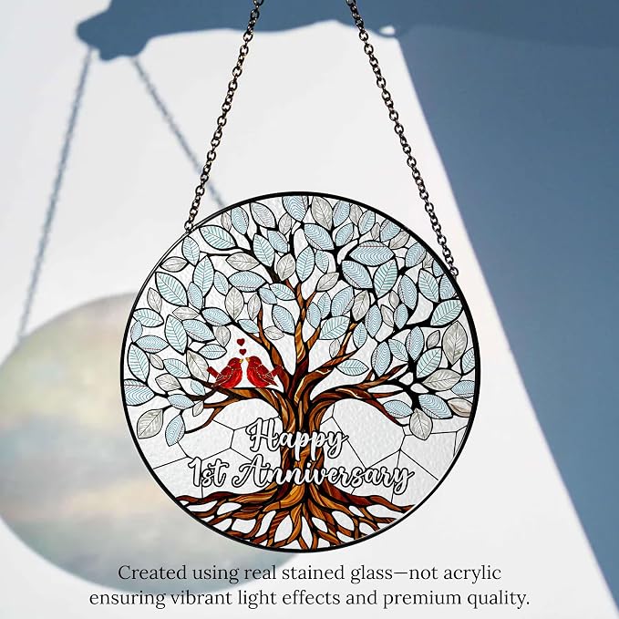 1st Wedding Anniversary Stained Glass Suncatcher, 6x6' Anniversary Decorations, 1st Celebration Marriage Gifts for Parents, Couple, Wife & Husband, 1 Wedding Milestone Keepsake