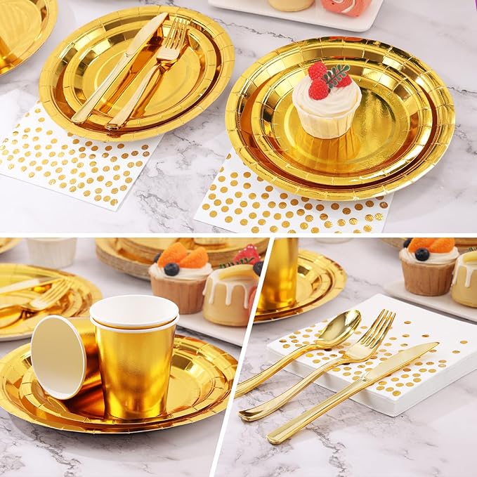 168pcs Gold Paper Plates Party Plates and Cups and Napkins Sets,Gold Plates Party Supplies Disposable Dinnerware Set Serves 24 for Anniversary Graduation Birthday Party Decorations