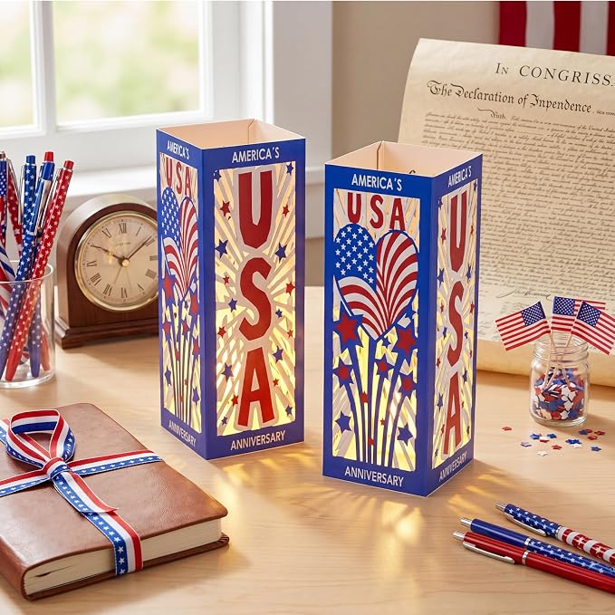 Gerrii 6 Pcs 250th Anniversary Table Centerpieces Boxes with USA Cutouts LED Light USA Patriotic Table Lantern Tabletop for 250th 4th of July Independence Memorial Day Party Supplies