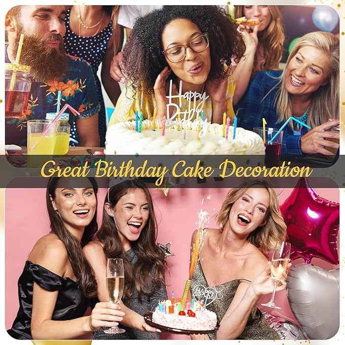 Outus 150 Pcs Happy Birthday Cake Toppers Acrylic Cake Topper Glitter Birthday Cake Decorations Double Sided for Adults Various Cake Decoration Party Supplies (Silver,Cute)