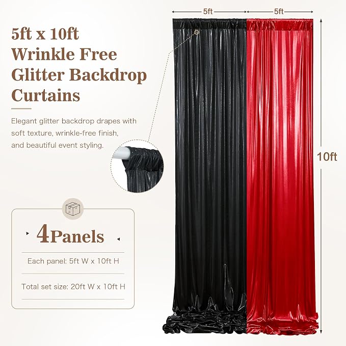 20ft x 10ft Red Black Sequin Backdrop Curtain for Parties, Wrinkle Free Glitter Photo Backdrop Drapes 4 Panels 5x10ft Back Drop Cloth for Wedding Photography Background