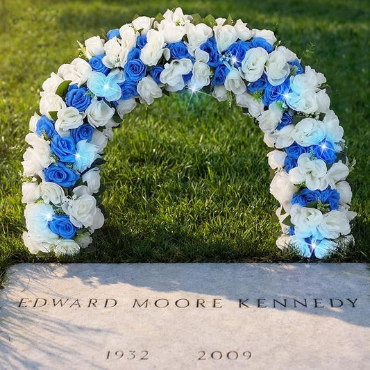 Suncalla Artificial Cemetery Floral Arch Kit for Grave Realistic Cemetery Decoration Flowers with Light Headstone Flowers Garland for Memorial Grave Tombstone Decoration (Blue,Rose)