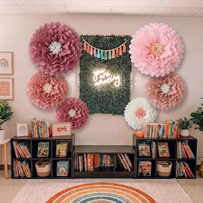 Giegxin 6 Pcs 40'', 31.4", 24" Boho Pink Giant Paper Flowers for Wall Decorations Pink White Big Jumbo Tissue Crepe Flowers Boho Party Decorations Floral for Wedding Baby Shower Classroom Backdrop