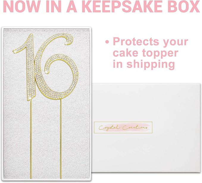 16 Cake Topper - Premium Gold Metal - Sweet 16 Birthday Party Sparkly Rhinestone Decoration Makes a Great Centerpiece - Now Protected in a Box