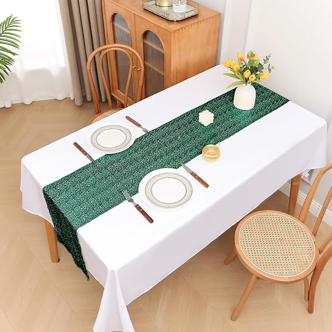 Sugargirl 10 Packs 12 x 72 inches Sequin Table Runner, Glitter Dark Green Table Runner for Birthday Party Supplies Wedding Holiday Celebration Event Decorations