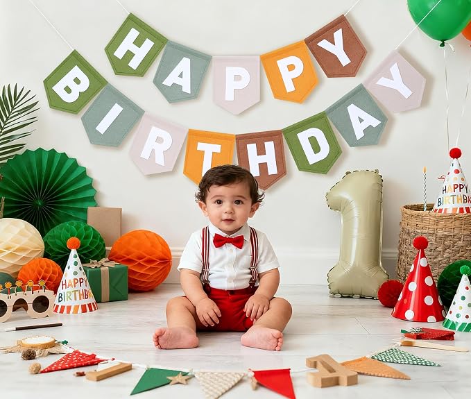 Felt Green Happy Birthday Banner Birthday Decorations for Women Girls Boys Men Pets Handmade Party Backdrop