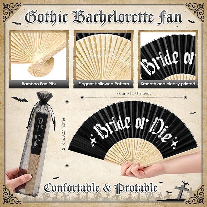 JaGely 4 Pcs Gothic Bachelorette Party Accessories Set, Bride Crystal Crown Sunglasses Sash and Fan for Bridal Shower(Bride or Die)