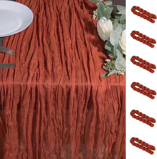 Snowkingdom 6PCS 10Ft Fall Thanksgiving Table Runner Terracotta Rust Cheesecloth Gauze, 120 inch Long Burnt Orange Boho Cheese Cloth for Wedding Bridal Shower Rustic Sheer Table Decorations