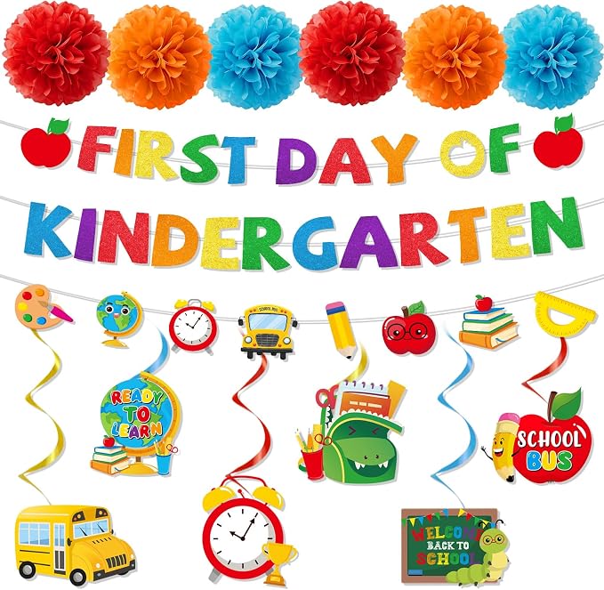 First Day of Kindergarten Decorations - 15PCS First Day of Kindergarten Party Banners Hanging Swirls Paper Pompoms Decor, Back to School Classroom Decor Supplies