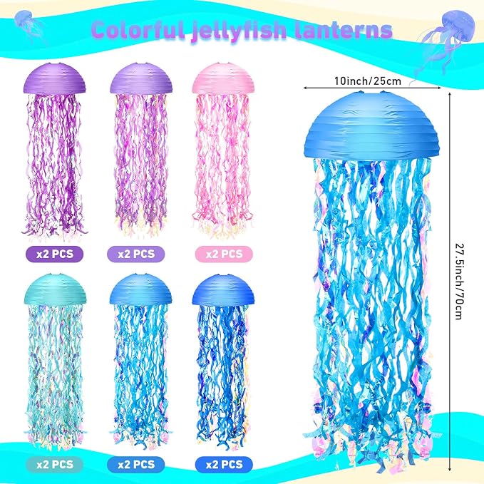 Baquler Set of 12 Jellyfish Paper Lanterns 10 Inch Semicircle Lanterns Hanging Decoration for Mermaid Sea Ocean Birthday Party Decorations(Pink, Blue, Sky Color, Royal Blue, Purple, Light Purple)