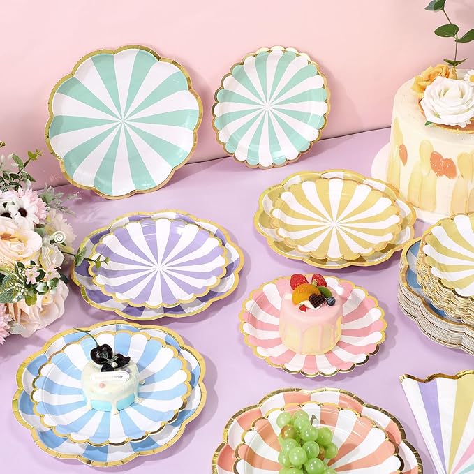 144 Pcs 48 Guests Pastel Striped Party Plates and Napkins Scalloped Pastel Carnival Paper Plates and Napkins Colored Disposable Tableware for Baby Bridal Shower Wedding Tea Party Supplies