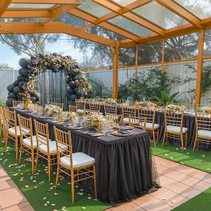 Black Tulle Tablecloths for 6 Foot Rectangular Tables 6ft Black Table Cloth Rectangle Wrinkle Free Stretch Spandex Table Cover with Tutu Skirt for Wedding Birthday Party Banquet Buffet Tradeshow