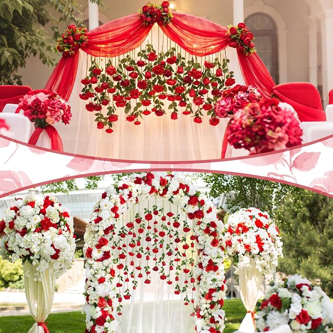 Lyrow 120 Pack Red Roses Artificial Flowers Bulk Hanging Floating Garland Fake Red Rose Vine for Ceiling Decoration Wedding Anniversary Bridal Bouquet DIY Floral Arrangement Proposal Romantic Decor
