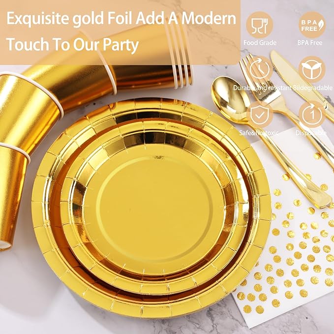 168pcs Gold Paper Plates Party Plates and Cups and Napkins Sets,Gold Plates Party Supplies Disposable Dinnerware Set Serves 24 for Anniversary Graduation Birthday Party Decorations